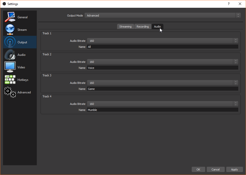 OBS Studio Output Audio Settings